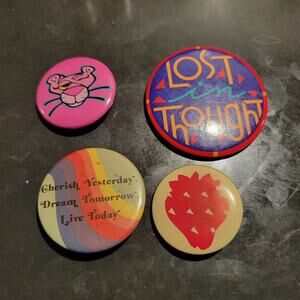 Lot of 4 Vintage Pins Pink Panther, Rainbow, Strawberry, Lost in Though